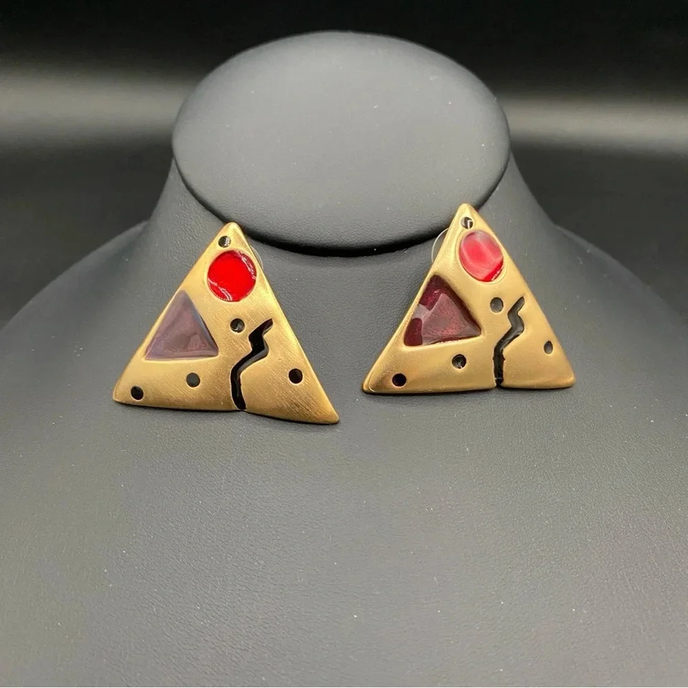 Retro 80s Glam Statement Earrings - Abstract Gold Plated Vintage Earrings